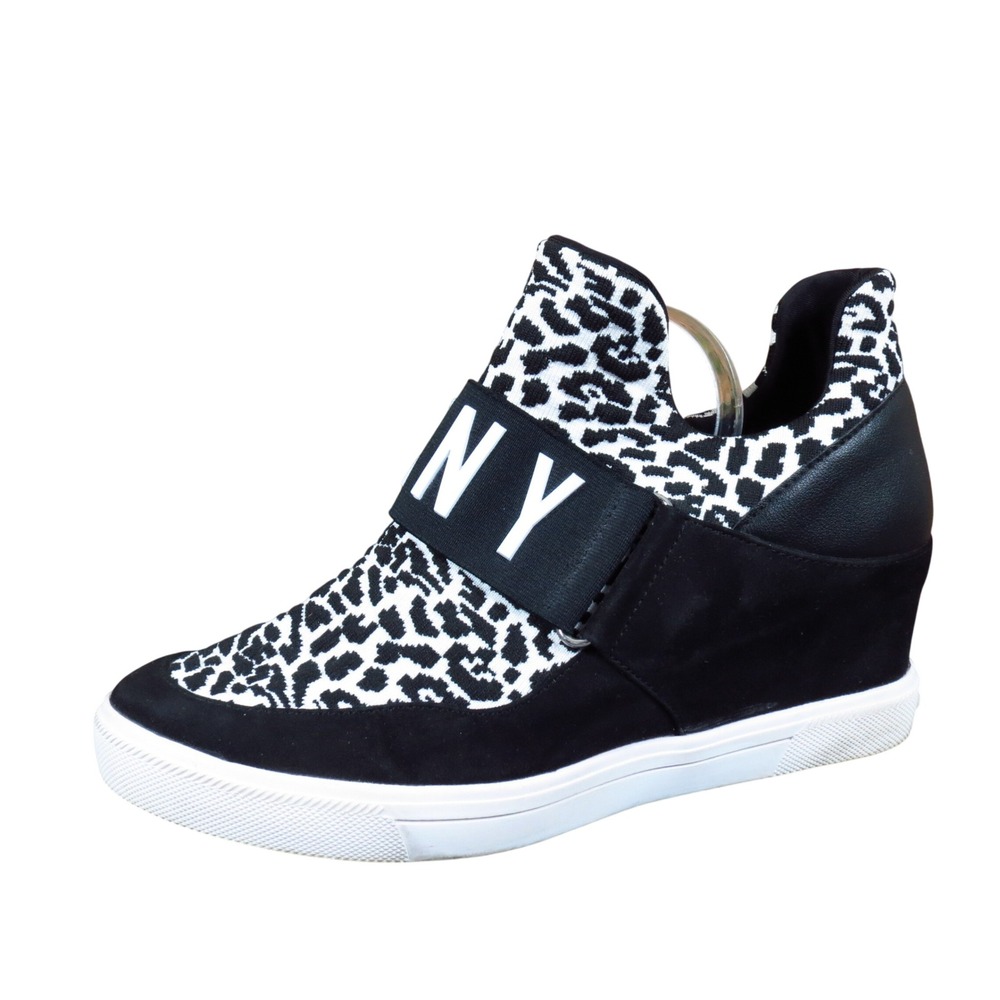 DKNY Abbi Women Wedge Sneaker Sz 9M Fashion Athleisure Leopard Print Black White